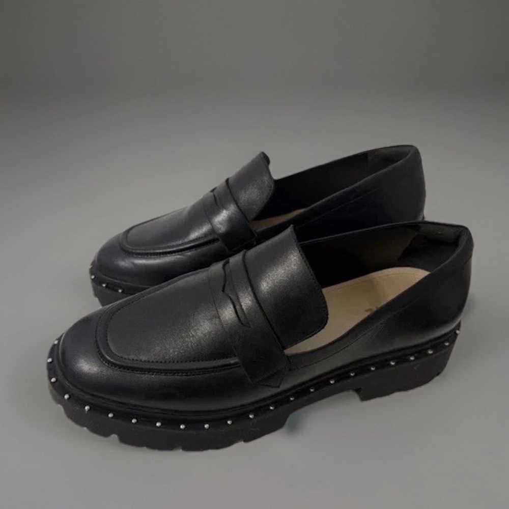 Schutz Christie Shoes Women's US 10B Black Leather Studs Platform Penny Loafers